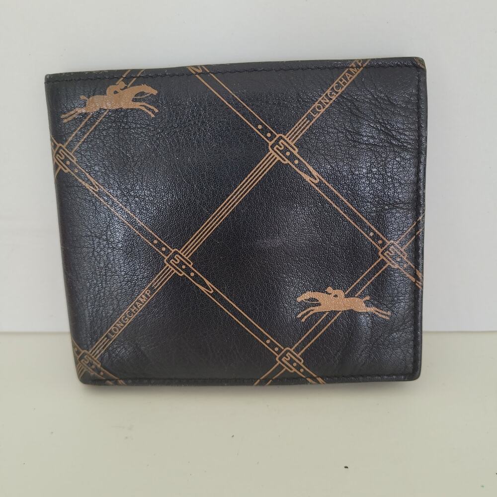 Longchamp Mens Wallet Brown Bifold Leather Folding Medium Logo Vintage Designer